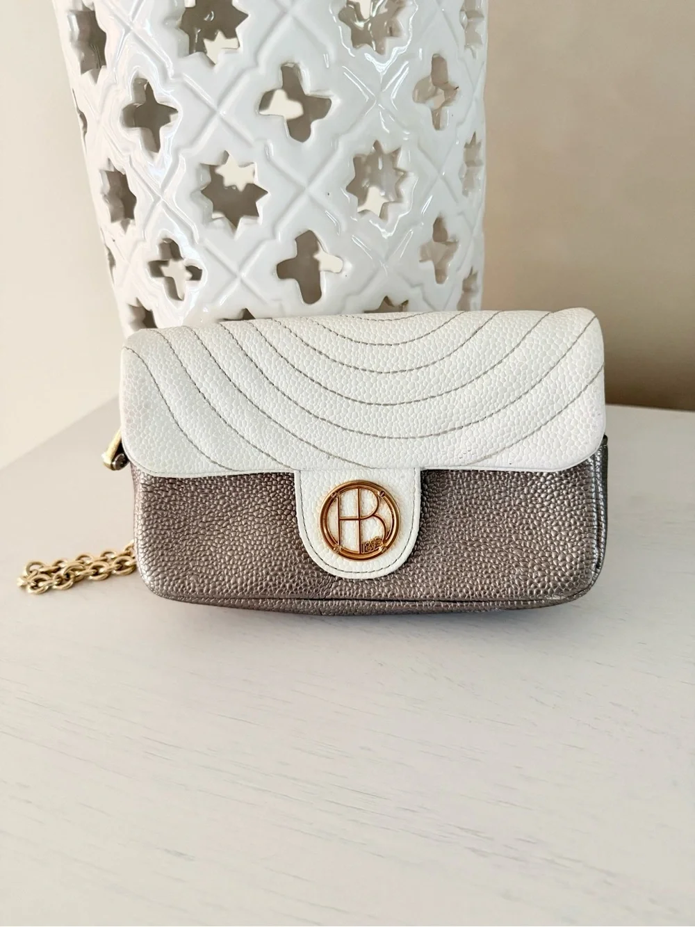 Henri Bendel Pebbled Leather Flap Clutch with Wristlet Chain